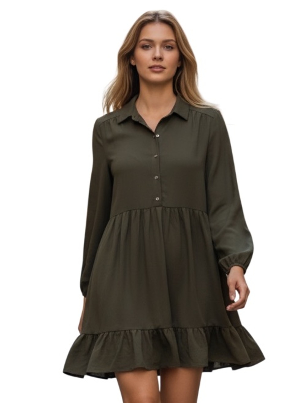 MANGO Olive Green Button-Up Dress - Size M - Casual Chic